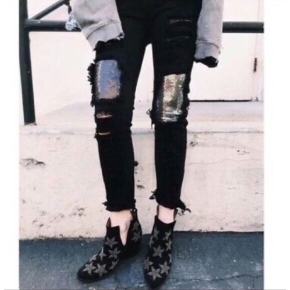 LF Carmar Baggy Fit Mid Rise Jeans Distressed Sequin Patches NWT Black 26 - Picture 1 of 9